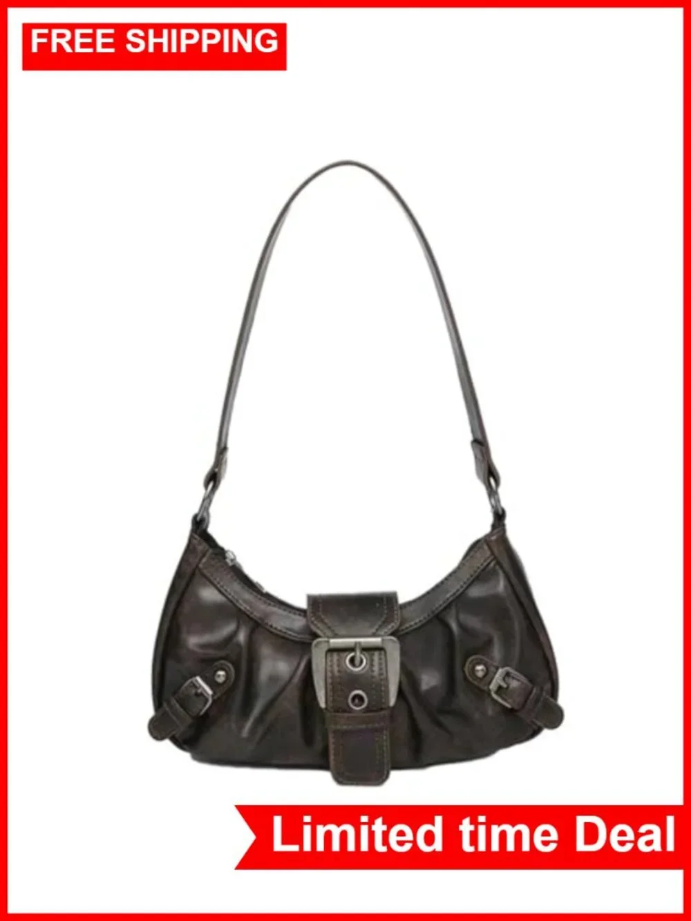 Y2K Faux Leather Hobo Bag, Punk Shoulder Purse with Metal Buckle